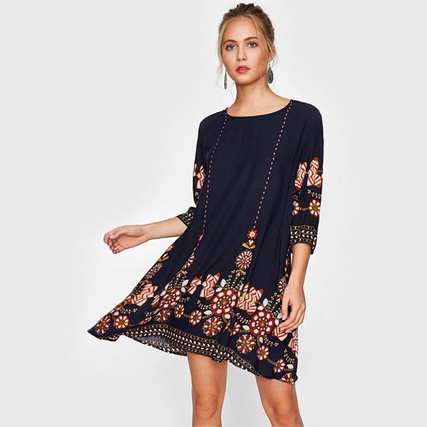 Flower Print Flowy Autumn Boho Casual Fall Dress