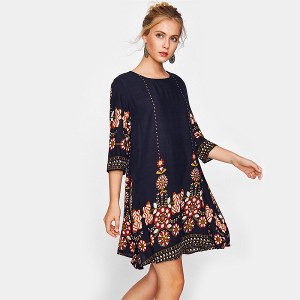 Flower Print Flowy Autumn Boho Casual Fall Dress - Image 3