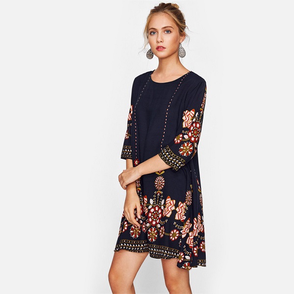 Flower Print Flowy Autumn Boho Casual Fall Dress - Image 4