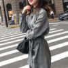 Grey Shirt Dress Stand Collar Pockets Mini Dress - Image 2