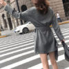 Grey Shirt Dress Stand Collar Pockets Mini Dress - Image 5