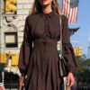 Long Sleeve Shirt Dress Pleated Swing Dress - Image 3
