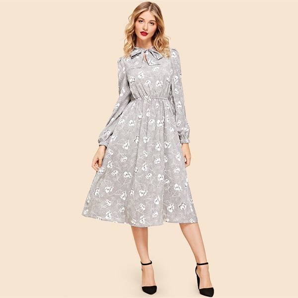 Vintage Grey Flared Minimalist Solid Elegant Dresses