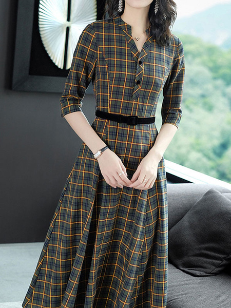 Plaid Shirt Dress V Neck Buttons Green Maxi Dress