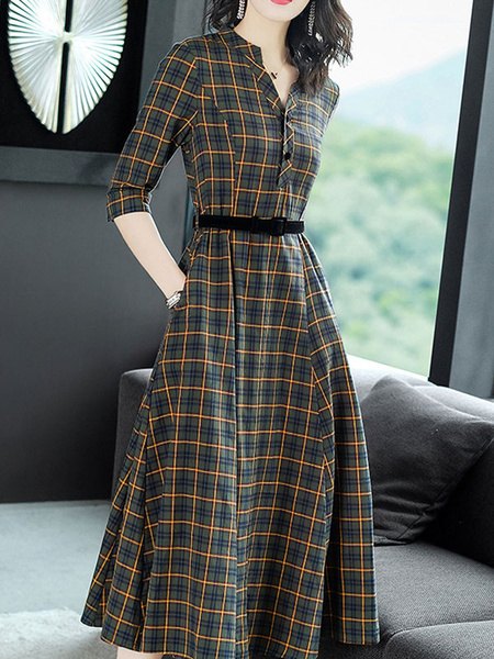 Plaid Shirt Dress V Neck Buttons Green Maxi Dress - Image 2