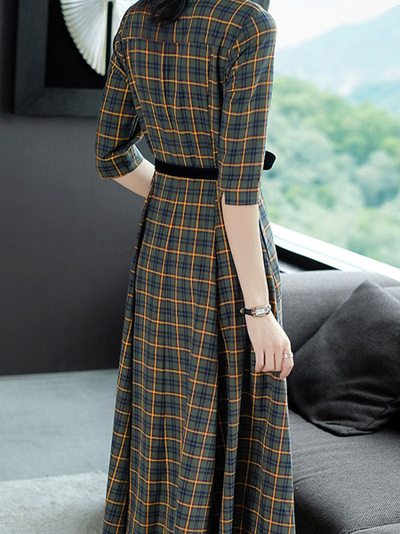 Plaid Shirt Dress V Neck Buttons Green Maxi Dress - Image 3