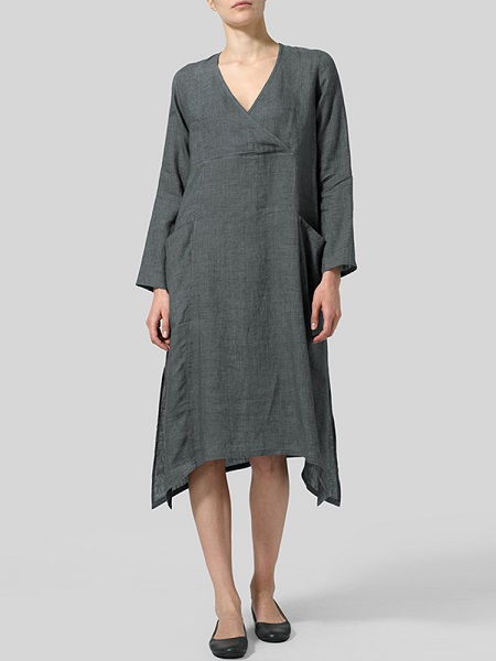 V Neck Pockets Solid Color Vintage Dress