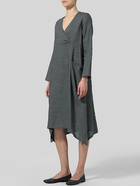 V Neck Pockets Solid Color Vintage Dress - Image 3