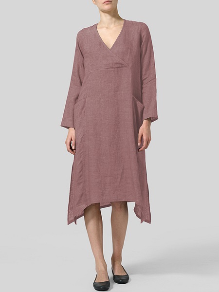 V Neck Pockets Solid Color Vintage Dress - Image 4