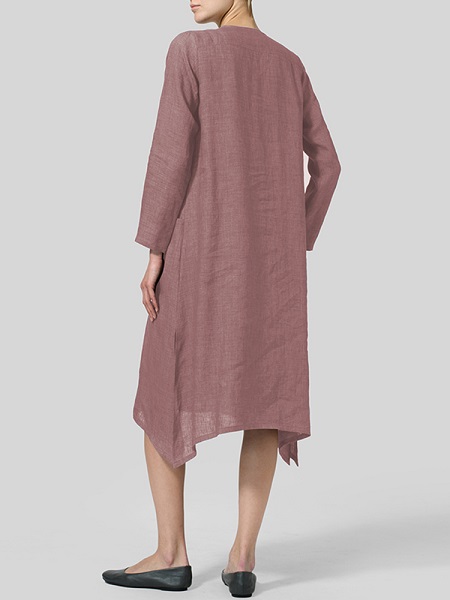 V Neck Pockets Solid Color Vintage Dress - Image 5