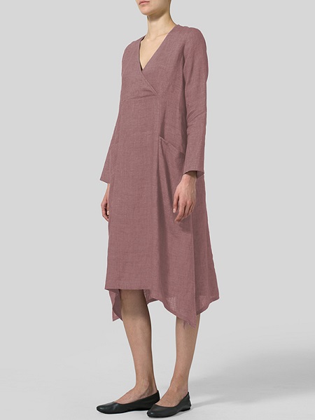 V Neck Pockets Solid Color Vintage Dress - Image 6