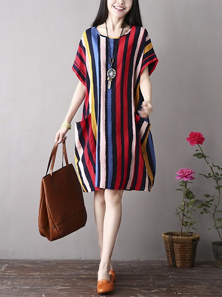 Vintage Women Color Stripe  Short Sleeve Dress - Image 3