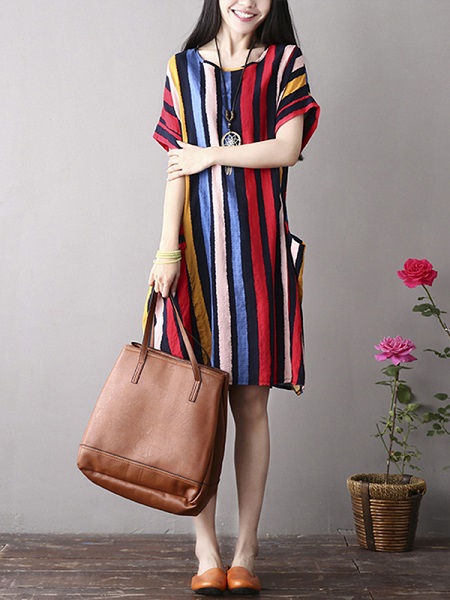 Vintage Women Color Stripe  Short Sleeve Dress - Image 4