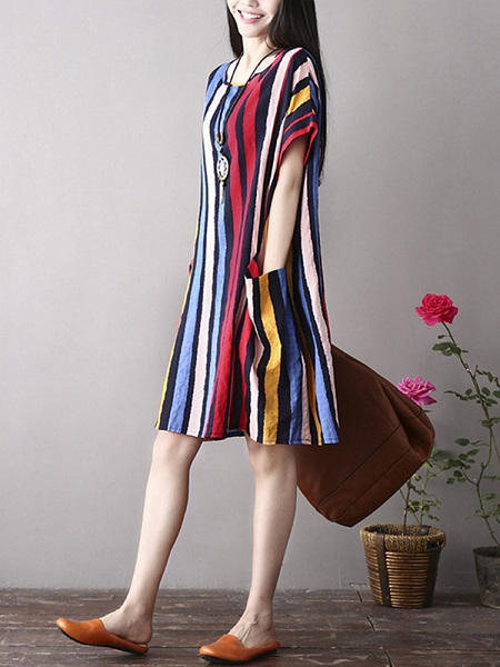 Vintage Women Color Stripe  Short Sleeve Dress - Image 5