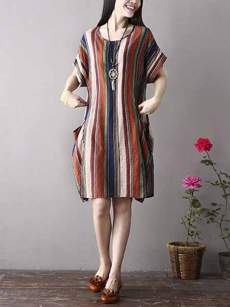Vintage Women Color Stripe  Short Sleeve Dress - Image 6