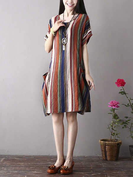 Vintage Women Color Stripe  Short Sleeve Dress - Image 7