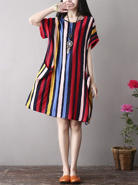 Vintage Women Color Stripe  Short Sleeve Dress