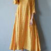 Vintage Women O-neck Half Sleeve Solid Maxi Dress