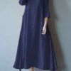Vintage Women O-neck Half Sleeve Solid Maxi Dress - Image 6