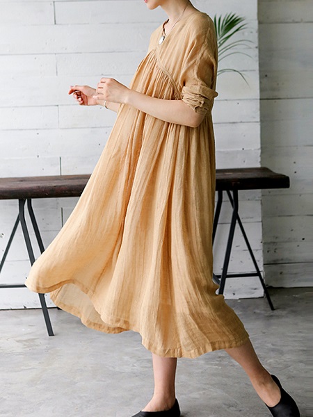 Vintage Women Solid Color V-Neck Dress - Image 4