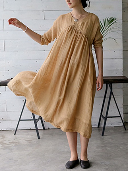 Vintage Women Solid Color V-Neck Dress - Image 5