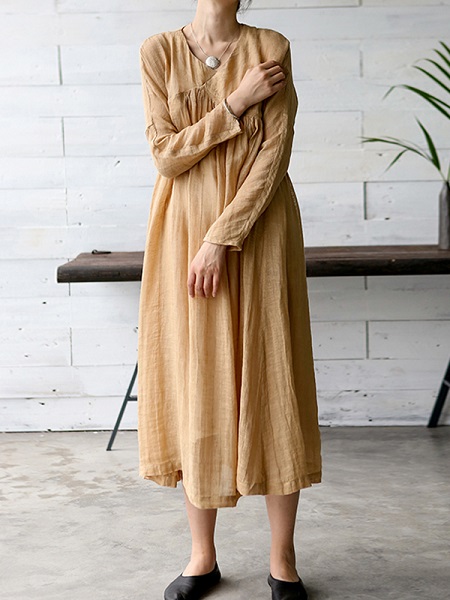 Vintage Women Solid Color V-Neck Dress - Image 6