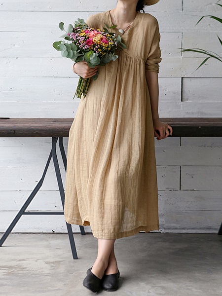 Vintage Women Solid Color V-Neck Dress - Image 7