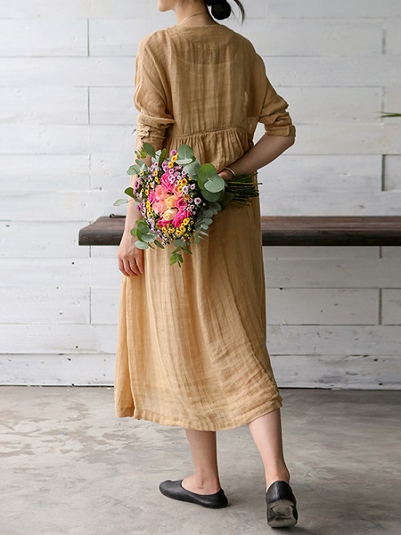 Vintage Women Solid Color V-Neck Dress - Image 8