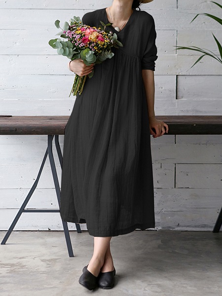 Vintage Women Solid Color V-Neck Dress - Image 10