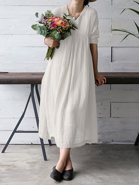 Vintage Women Solid Color V-Neck Dress