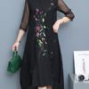 Women Floral Embroidery Fake Two Pieces Mid-long Dress