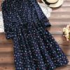 Women Leaf Print Long Sleeve Drawstring Waist Dresses