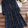 Women Leaf Print Long Sleeve Drawstring Waist Dresses - Image 3