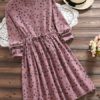 Women Leaf Print Long Sleeve Drawstring Waist Dresses - Image 4