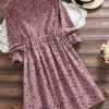 Women Leaf Print Long Sleeve Drawstring Waist Dresses - Image 5