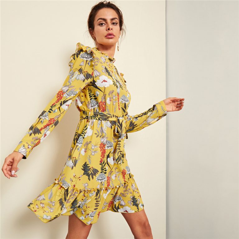 Yellow Floral Frill Trim Botanical Dress