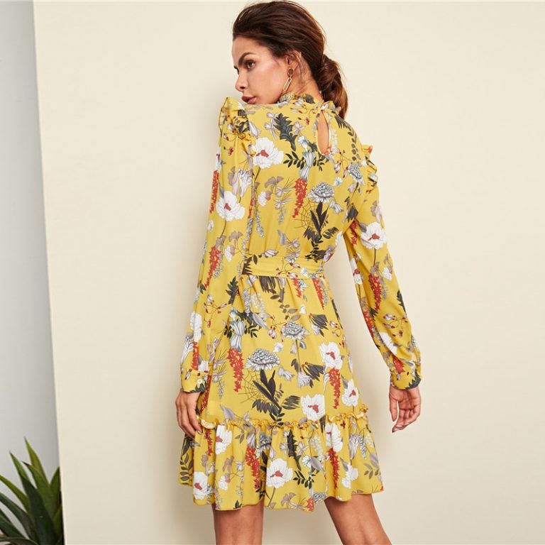 Yellow Floral Frill Trim Botanical Dress - Image 2