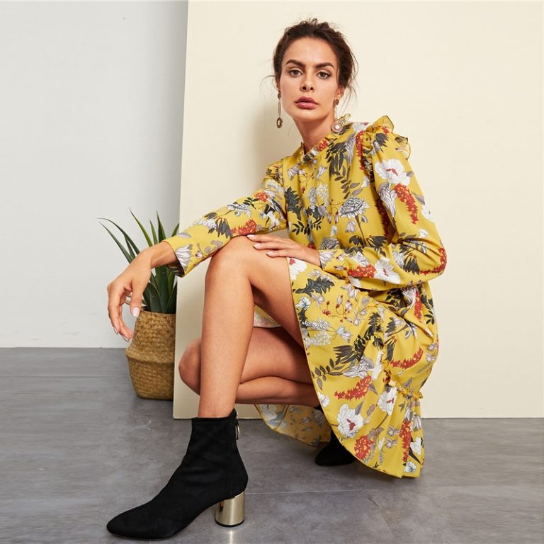 Yellow Floral Frill Trim Botanical Dress - Image 3
