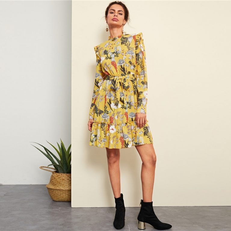 Yellow Floral Frill Trim Botanical Dress - Image 4