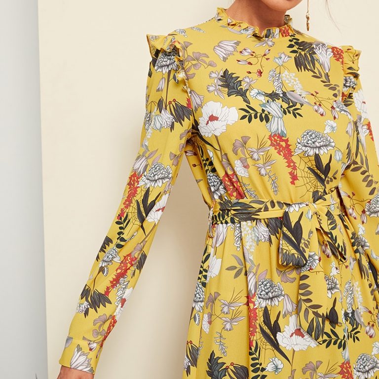 Yellow Floral Frill Trim Botanical Dress - Image 5
