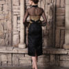 Black Beading Cowl Neck Long Sleeves Sheath Organza Cocktail Dress - Image 4