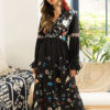 Black Boho Floral Maxi Long Sleeve Plunging Fall Dress