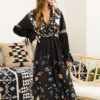 Black Boho Floral Maxi Long Sleeve Plunging Fall Dress - Image 2