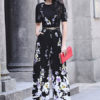 Black Floral Jumpsuit Short Sleeve Wide Leg Jumpsuit