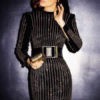 Black Party Dress Sexy Bodycon Dress Long Sleeve Crewneck Rhinestones Shaping Midi Dress