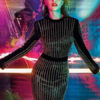 Black Party Dress Sexy Bodycon Dress Long Sleeve Crewneck Rhinestones Shaping Midi Dress - Image 2