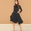 Black Plaid Print High Neck Fit And Flare Long Sleeve High Waist Dress