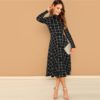 Black Plaid Print High Neck Fit And Flare Long Sleeve High Waist Dress - Image 4