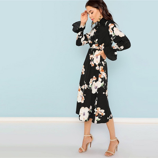 Black Print Mock Neck Pleated Panel Floral Dress - Image 5