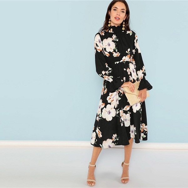 Black Print Mock Neck Pleated Panel Floral Dress - Image 4